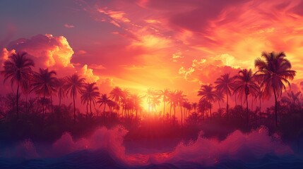 Obraz premium Vibrant Tropical Sunset Silhouette Palm Trees
