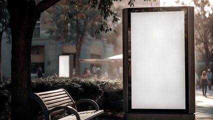 Urban advertising space downtown park blank billboards evening light serene atmosphere potential for creativity