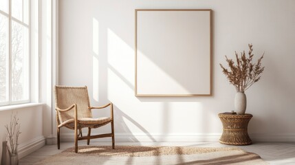 A large blank canvas hanging on the wall of an empty living room, white walls, a wooden armchair with a woven texture and rattan weaving next to it