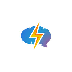 A logo featuring a stylized speech bubble with a lightning bolt running through it
