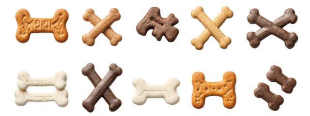 variety of dog treats shaped like bones and crosses. arranged in a visually appealing manner these treats are designed for pets. emphasizing their playful and appetizing nature. suitable for rewarding