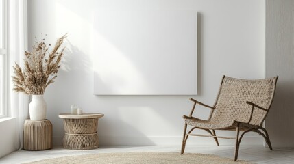 A large blank canvas hanging on the wall of an empty living room, white walls, a wooden armchair with a woven texture and rattan weaving next to it
