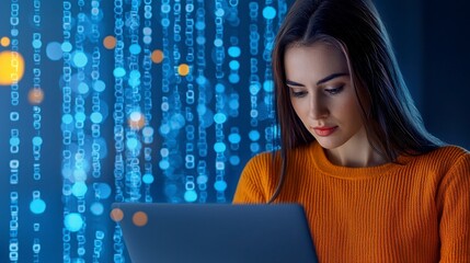 A woman in an orange sweater focused on her laptop, surrounded by vibrant blue digital code, representing technology and innovation.