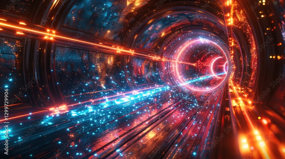 Poster abstract futuristic tunnel with glowing lights and particles