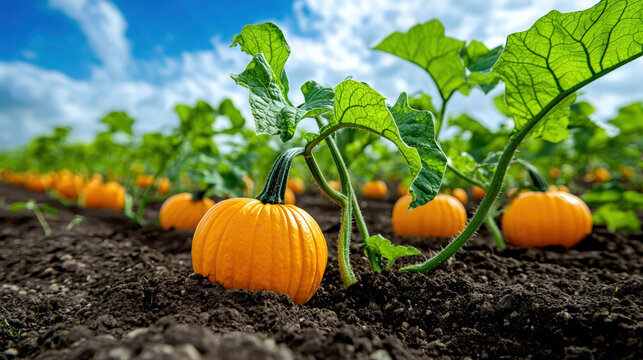 Close up of pumpkins growing in field with green leaves under blue sky. vibrant orange pumpkins contrast beautifully with rich brown soil, creating picturesque autumn scene