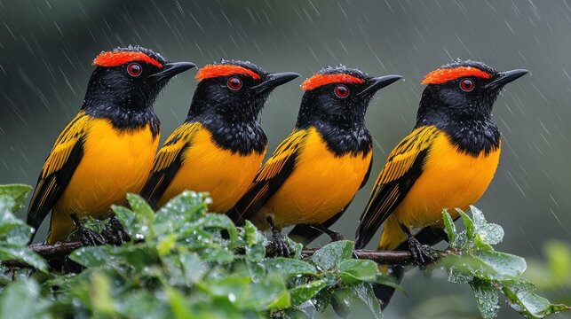 Four colorful birds perched in rain, lush foliage