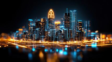 Fototapeta premium Futuristic city skyline with neon lights and glowing buildings at night, showcasing vibrant urban landscape. scene evokes sense of innovation and modernity