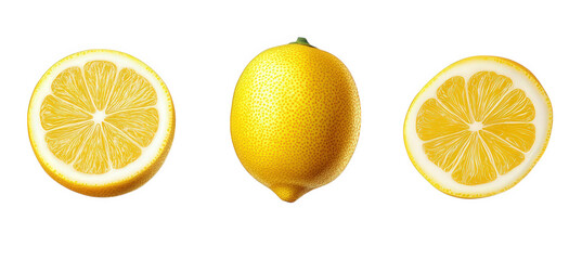 whole lemon alongside two halves. showcasing the vibrant yellow color and texture of the fruit the arrangement highlights the lemon's juicy interior and fresh appearance. making it ideal for culinary