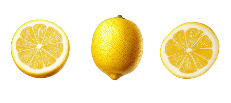 whole lemon alongside two halves. showcasing the vibrant yellow color and texture of the fruit the arrangement highlights the lemon's juicy interior and fresh appearance. making it ideal for culinary