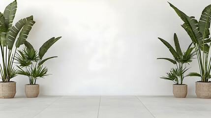 Tropical Plants in Beige Pots Against White Wall