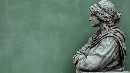 Naklejka premium Statue Profile Stone Woman on Podium, Green Wall