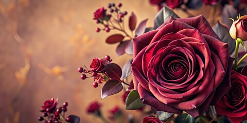 A Richly Colored Bouquet of Deep Red Roses with Lush Foliage and Small Berries