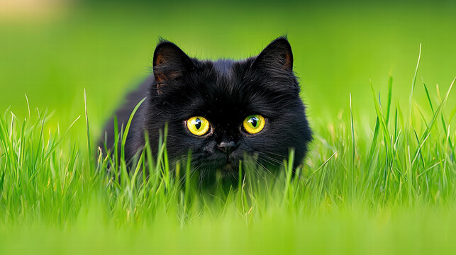 black Persian cat with striking yellow eyes is stealthily crouching in lush green grass, showcasing its playful and curious nature