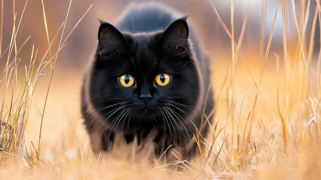 black Persian cat with striking yellow eyes is stealthily walking through tall, golden grass, showcasing its elegant fur and curious expression - Powered by Adobe