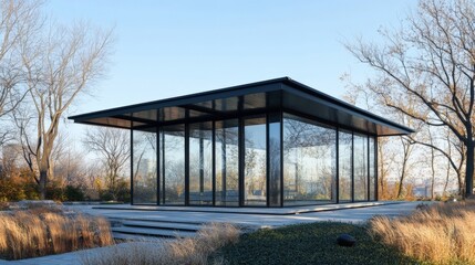 Obraz premium A compact urban pavilion with a fully glass exterior that blends seamlessly into the landscape. The structure showcases a cantilevered roof that provides shade while maintaining the