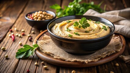 Creamy Chickpea Dip in a Dark Bowl, Garnished with Fresh Herbs, Served on a Rustic Wooden Table with Dried Spices