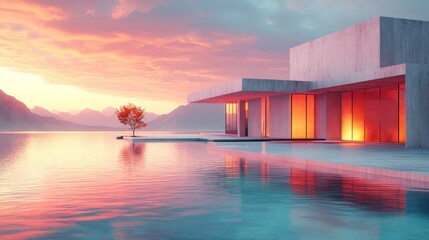Fototapeta premium Modern minimalist house by lake at sunset.