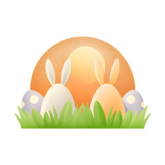 rabbit easter watercolor Easter scene featuring colorful eggs and bunny silhouettes against a warm sunset background.