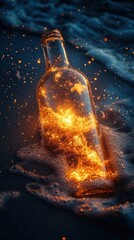 Glowing bottle message ocean beach night