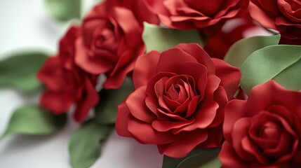 Obraz premium Closeup of Red Artificial Roses with Green Leaves on White Background