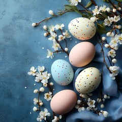Easter Eggs with delicate blossoms on a blue background