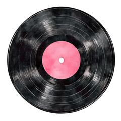 Watercolor painted vinyl record with a pink label, isolated on background