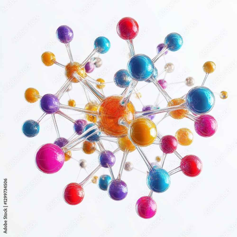 Poster colorful 3d render of molecular structure with vibrant spheres and connections