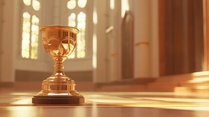 Golden chalice in church interior.