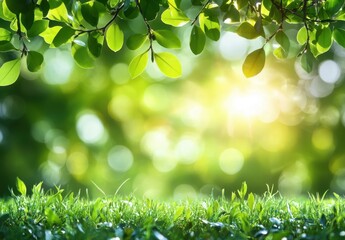 Obraz premium Lush Green Leaves Framing Soft Focus Background with Sunlight Illuminating Blurry Natural Landscape in a Park or Garden Setting