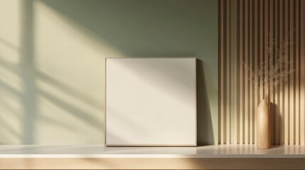 Fototapeta premium A photograph of a large, white, blank frame mockup on a shelf, with a light wood and sage green wall background, in a minimalist style