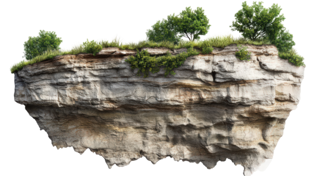 Floating landform with lush greenery and layered rock formations isolated