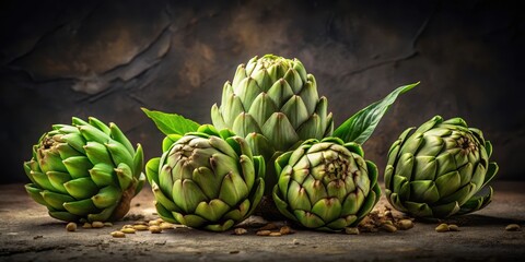 Fototapeta premium A Still Life Featuring Five Vibrant Green Artichokes Arranged on a Rustic Surface with Scattered Seeds