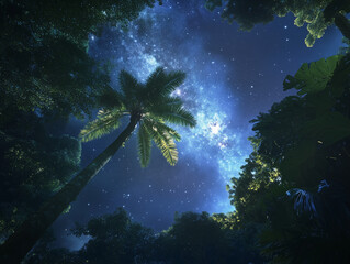 Obraz premium Papaya Trees Standing Tall Under a Starry Night Sky in a Tropical Forest