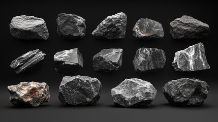 Collection of various dark gray and black rocks on black background.