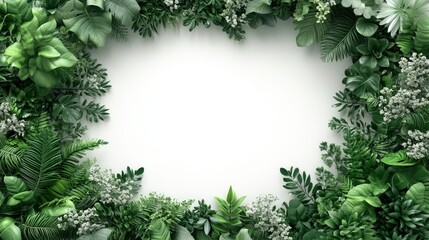 A rectangular frame made of green plants and flowers, with a white background in the center of the picture