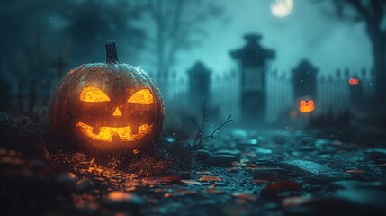Naklejka premium Glowing Jack O Lantern in a Foggy Graveyard at Night