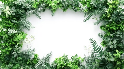 A rectangular frame made of green plants and flowers, with a white background in the center of the picture