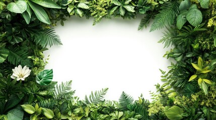 A rectangular frame made of green plants and flowers, with a white background in the center of the picture