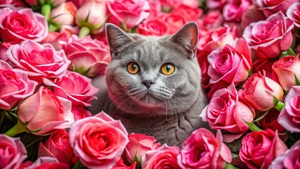 Valentine's Day Grey British Shorthair Cat Surrounded by Roses
