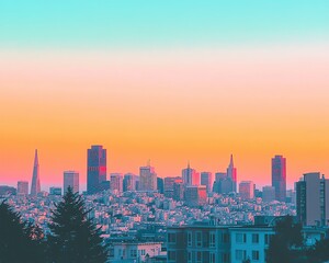 Obraz premium Stunning skyline at sunset with vibrant colors.