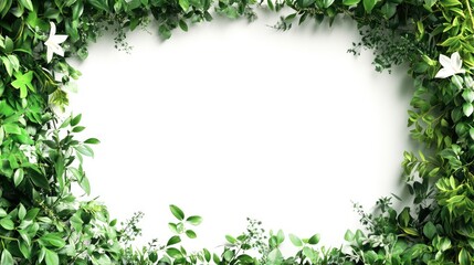 A rectangular frame made of green plants and flowers, with a white background in the center of the picture