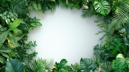 A rectangular frame made of green plants and flowers, with a white background in the center of the picture