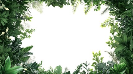 A rectangular frame made of green plants and flowers, with a white background in the center of the picture