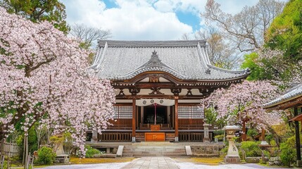 Fototapeta premium Traditional Japanese Temple Surrounded by Cherry Blossom Trees