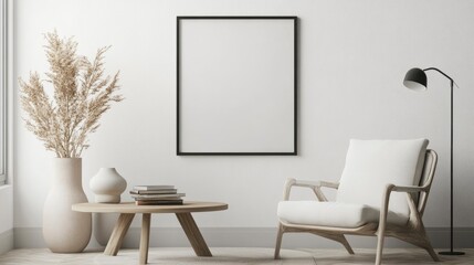 A simple and minimalist interior design featuring an armchair, a coffee table with books, a lamp, and a vase on the wall in front of it