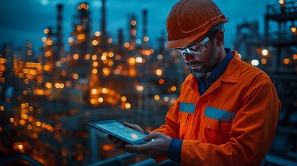 Focused engineer using tablet at illuminated refinery at night.