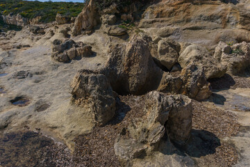 Petrified tree trunks at beautiful landscape of Geopark of Agios Nikolaos Petrified Forest at mediterranean sea coast, Laconia, Peloponnese, Greece