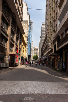 S&Atilde;O PAULO, SP, BRAZIL - JULY 27, 2024: Dom Jos&eacute; de Barros street, exclusively for pedestrians, seen from S&atilde;o Jo&atilde;o avenue in the city center.