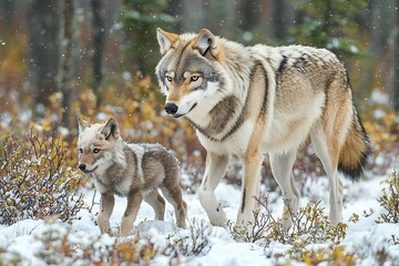 Obraz premium Wolves Walking Snowy Forest