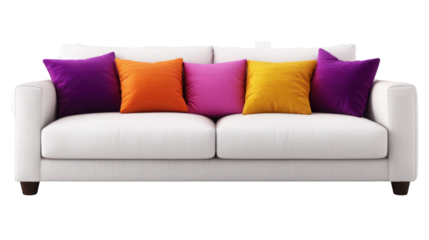 Modern white sofa with colorful cushions in a living room setting